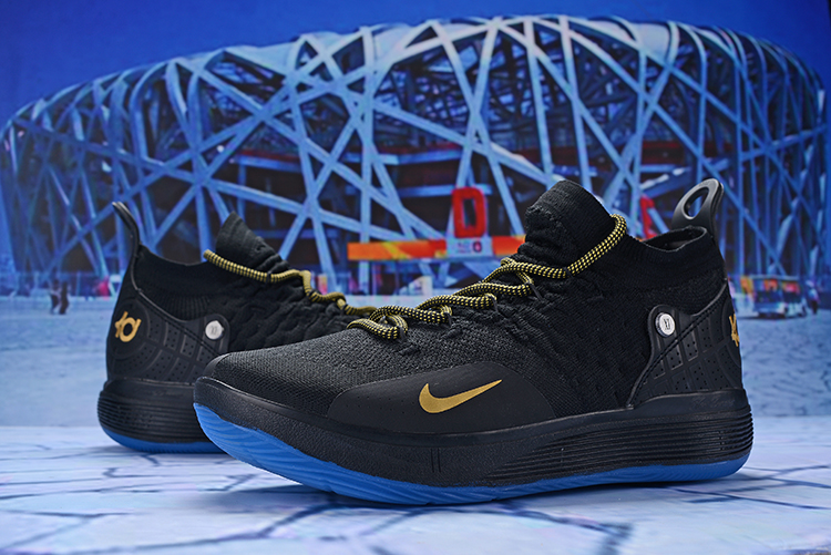 Men Nike Kevin Durant 11 Black Gold Blue Sole Shoes - Click Image to Close